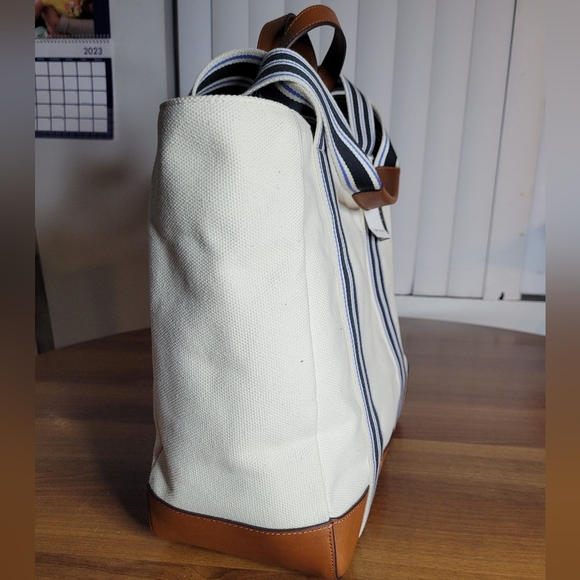 NWT Lauren Ralph Lauren LORA Large Striped Double Handled Cream Canvas Tote Bag - Picture 4 of 10